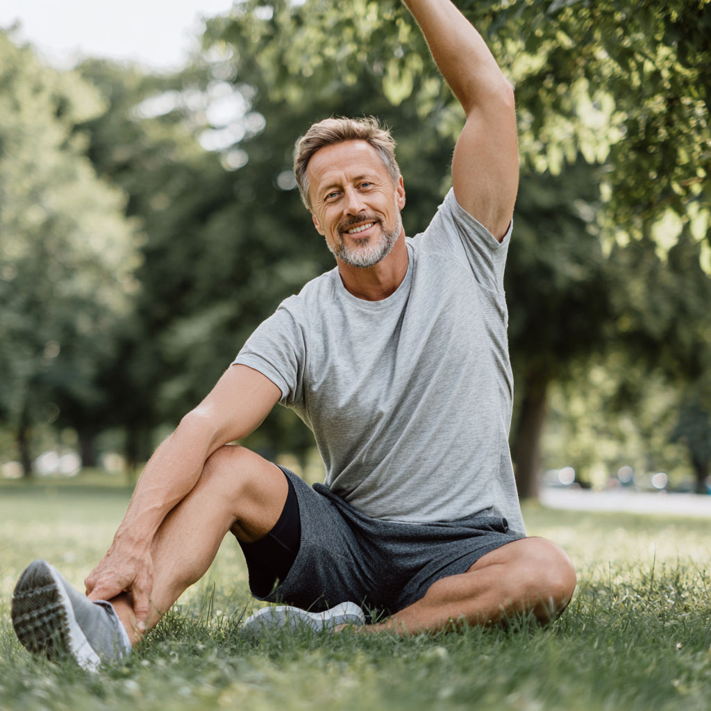 Smiling middle-aged Ukrainian woman in athletic wear doing core exercises in a modern gym with natural lighting
