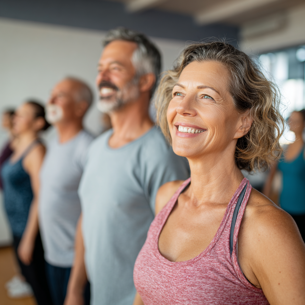 Diverse group of Ukrainian adults of different ages participating in core strengthening exercises outdoors in a park setting