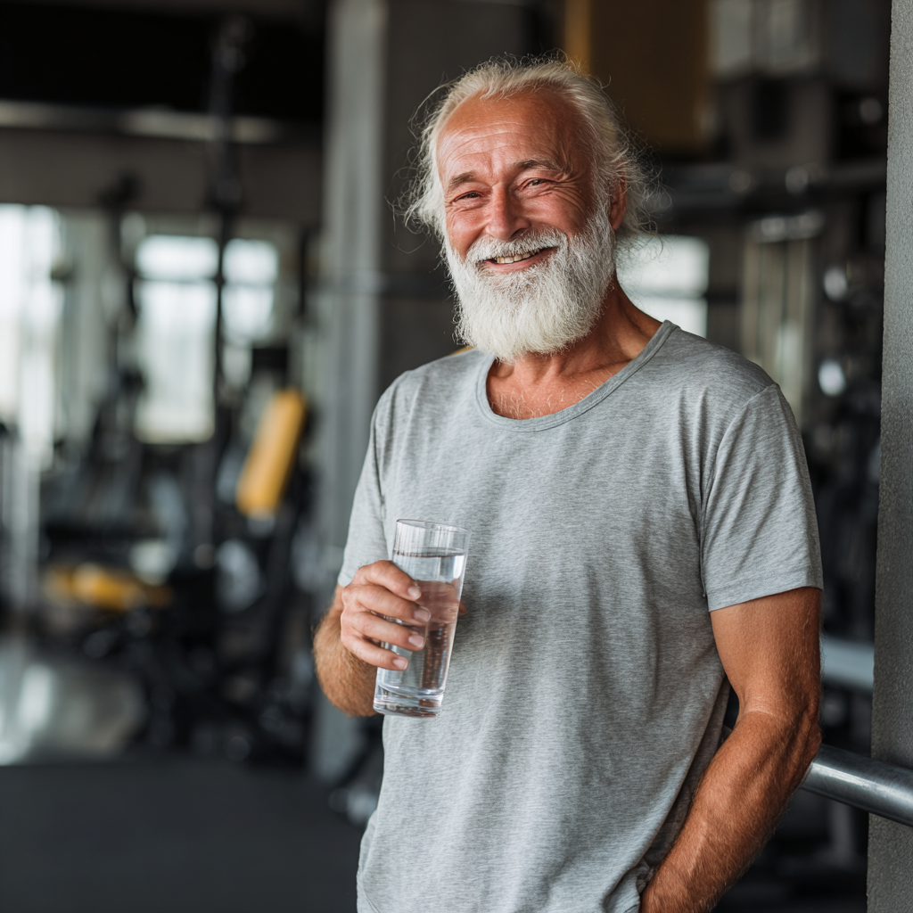 Older Ukrainian man with a warm smile drinking water after a workout in a bright fitness studio